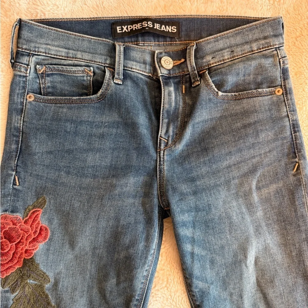 Express Women's Skinny Jeans - Blue with Red and Green Floral Embroidery